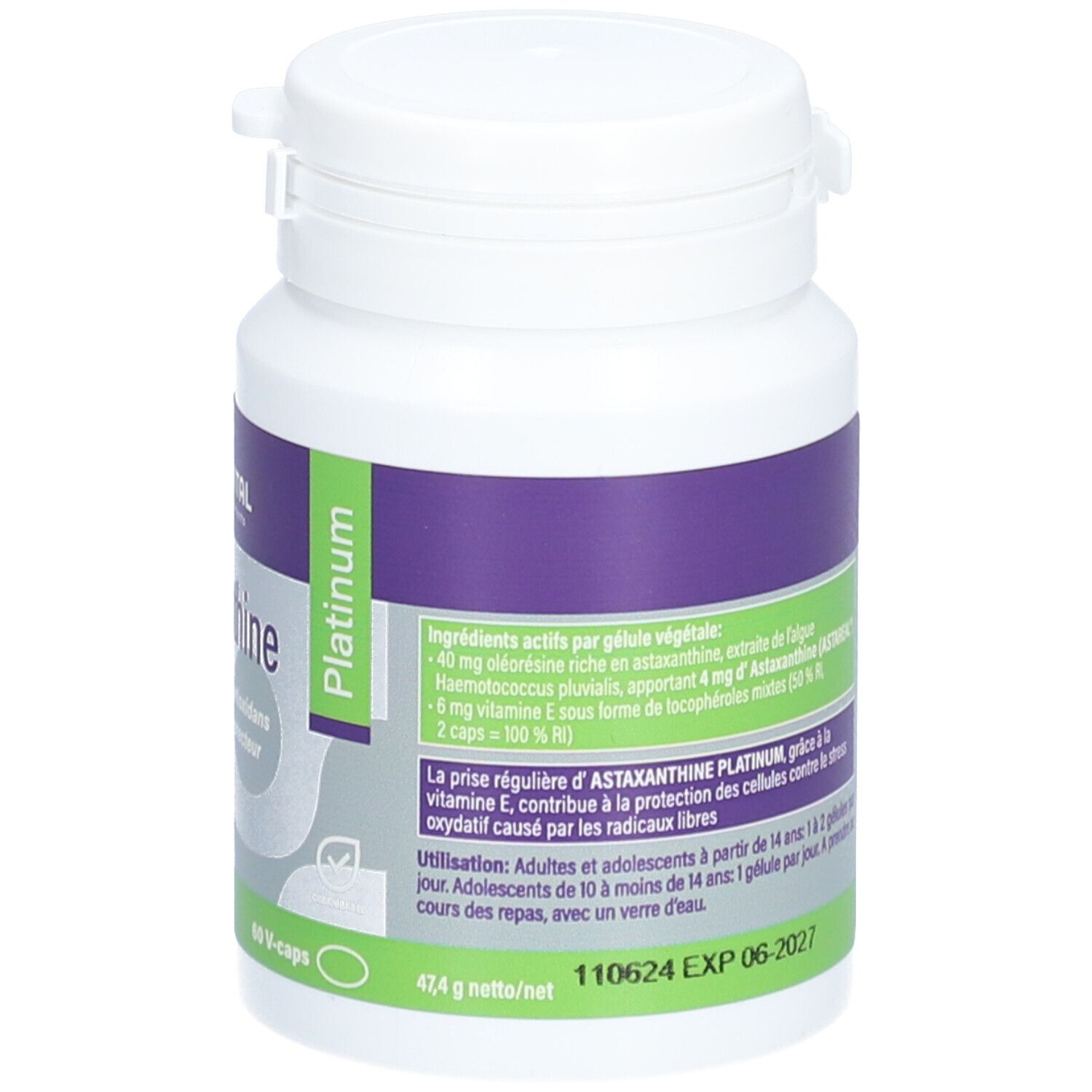 Witte fles met paars etiket. Ingrediënten en instructies. Houdbaarheidsdatum 06-2027. 60 V-caps.