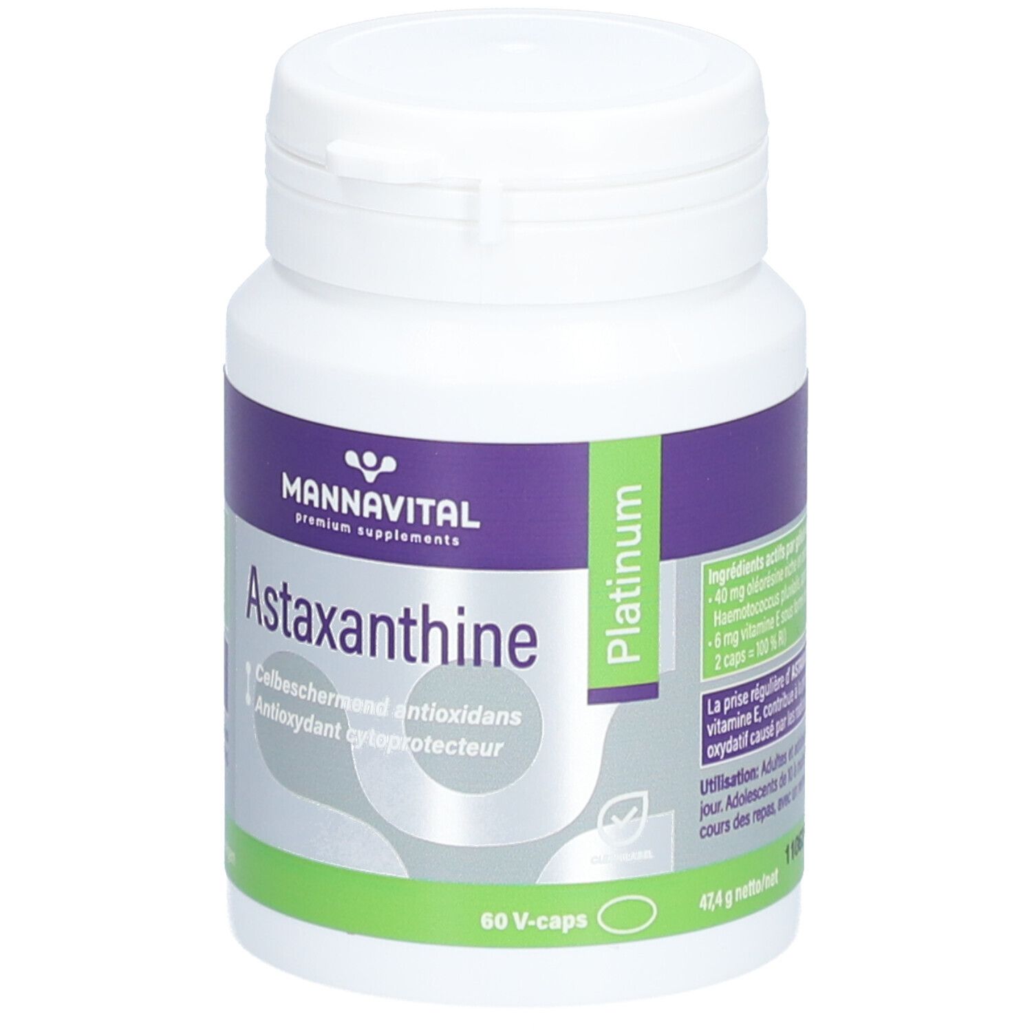 Witte fles met paars etiket. Opschrift: Mannavital Astaxanthine Platinum. 60 V-caps. Groen-wit deksel.
