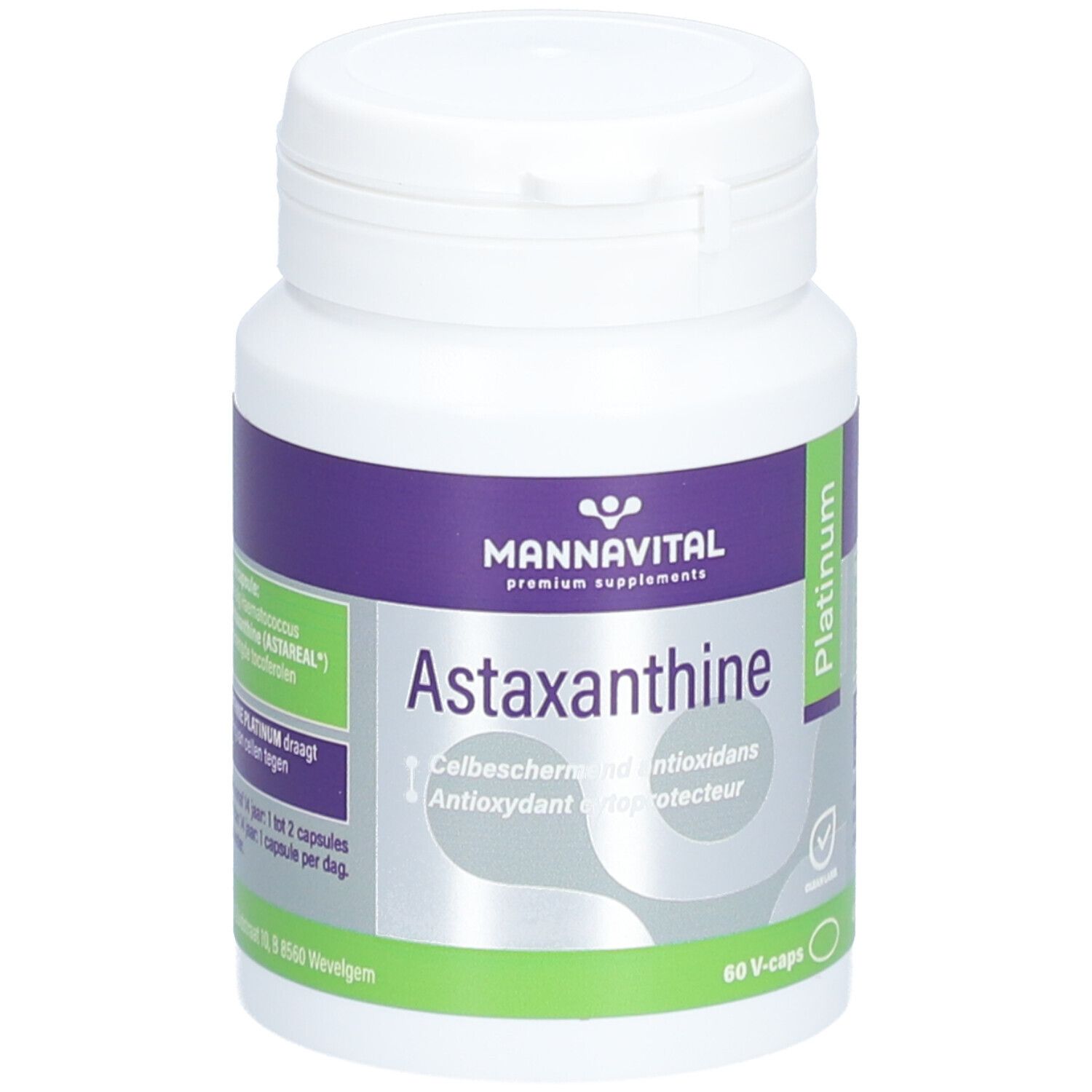 Witte fles met paars etiket. Opschrift: Mannavital Astaxanthine Platinum. 60 V-caps. Groen-wit deksel.