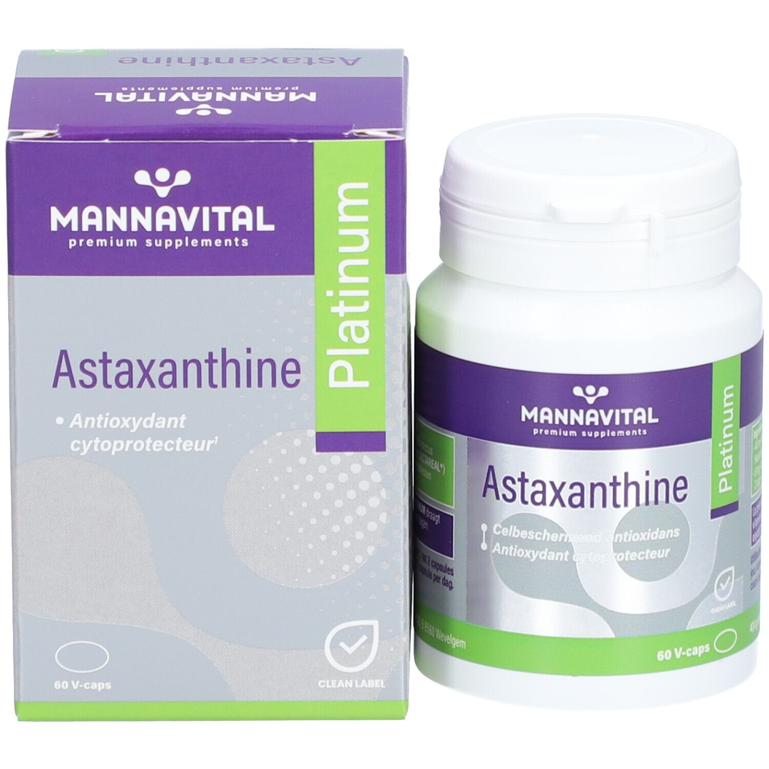 Productverpakking met fles en doos. Opschrift: Mannavital Astaxanthine Platinum. 60 V-caps. Groen-wit deksel.