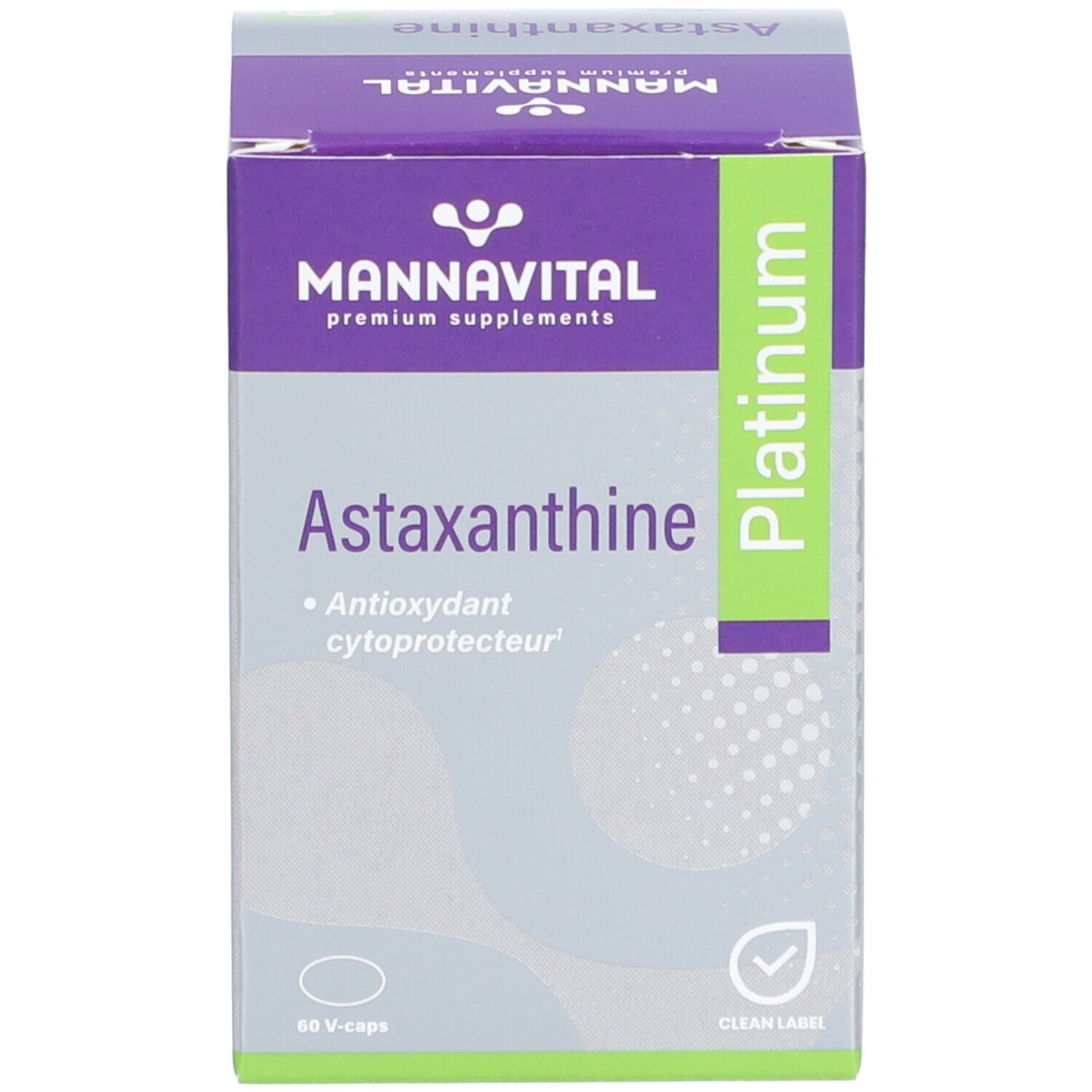 Kartonnen verpakking. Opschrift: Mannavital Astaxanthine Platinum. 60 V-caps. Logo en productnamen.