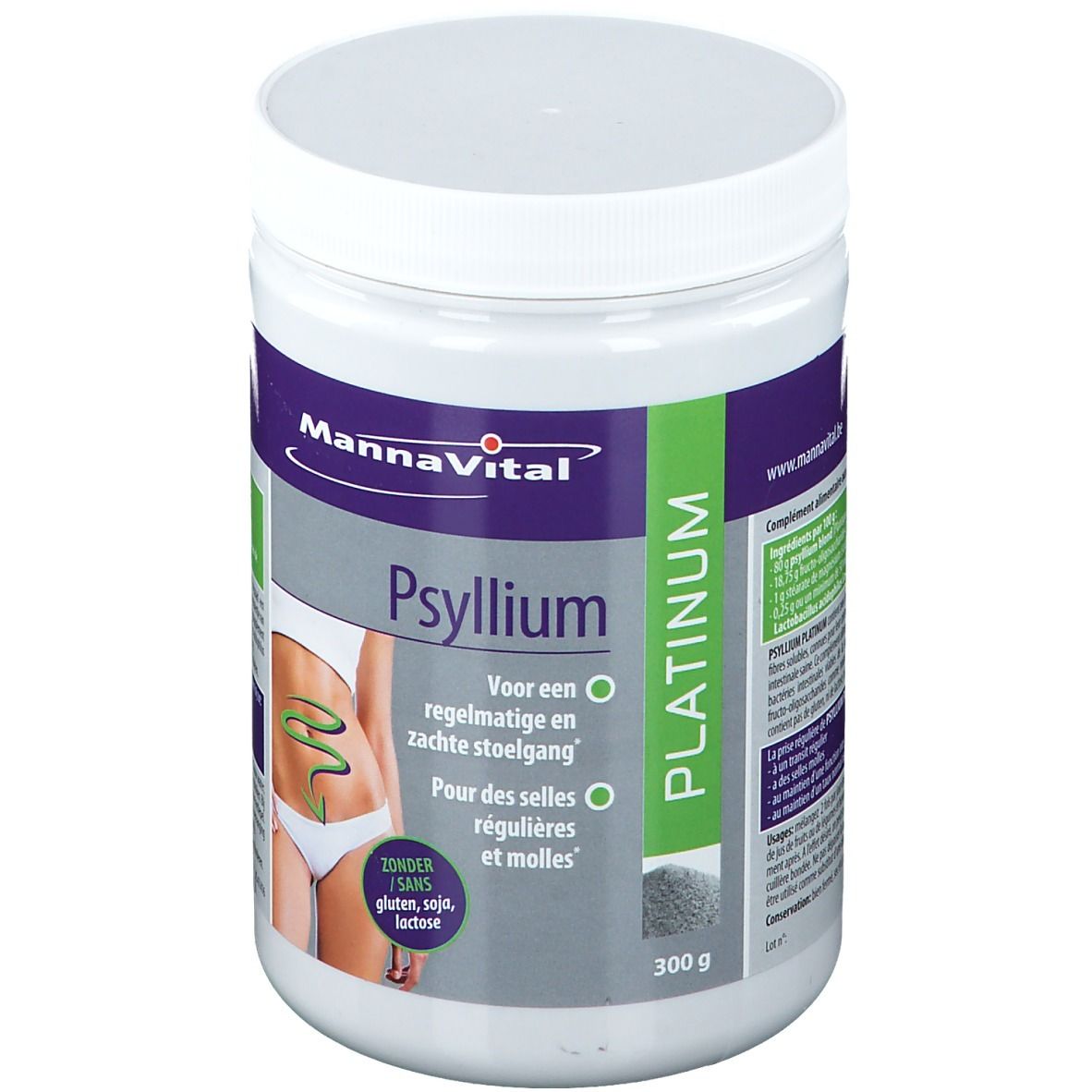 Witte pot met deksel. Opschrift: MannaVital Psyllium Platinum. Illustratie van het spijsverteringsstelsel. 300g.
