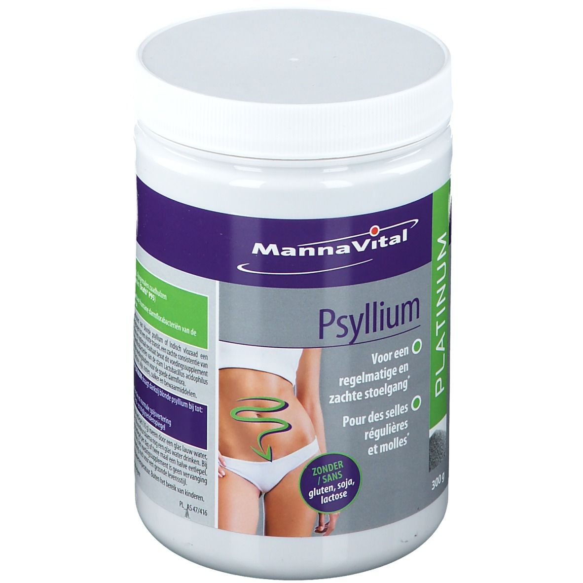 Witte pot met deksel. Opschrift: MannaVital Psyllium Platinum. Illustratie van het spijsverteringsstelsel. 300g.