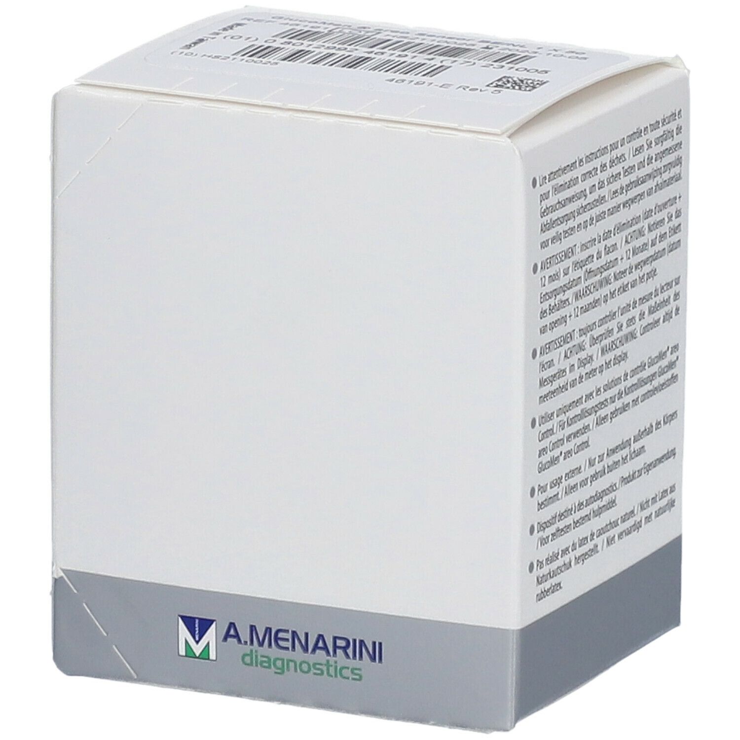 Witte doos, gedeeltelijk beschreven. Logo A. Menarini Diagnostics onderaan. Grijze streep onderaan.