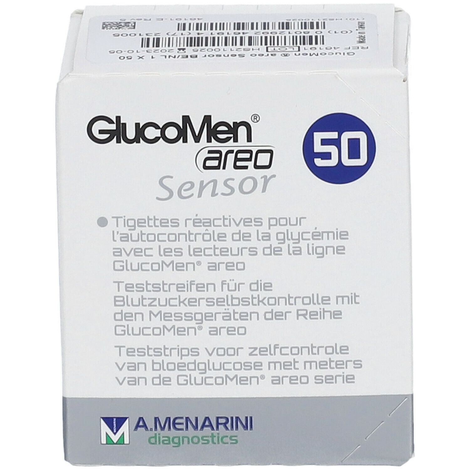 Witte doos met opdrukken. Links boven "GlucoMen areo Sensor". Rechtsboven "50". Meertalige tekst.