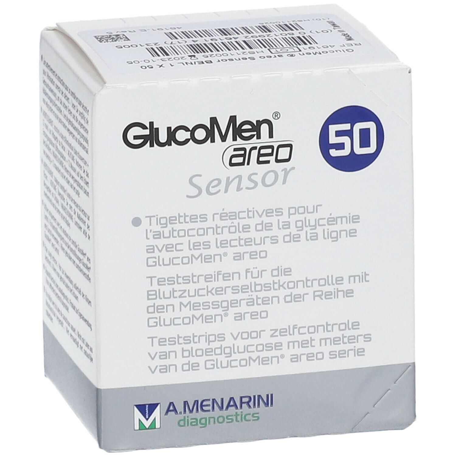 Witte doos met opdrukken. Links boven "GlucoMen areo Sensor". Rechtsboven "50". Meertalige tekst.