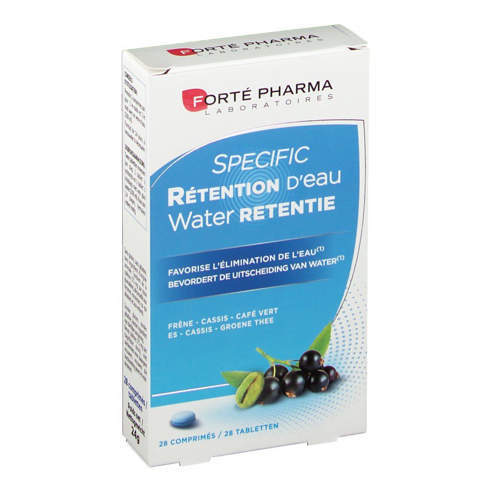 Boîte de produit « Specific Rétention d'eau ». Couleurs bleu et blanc. Illustration de cassis et feuilles. Contient 28 comprimés.