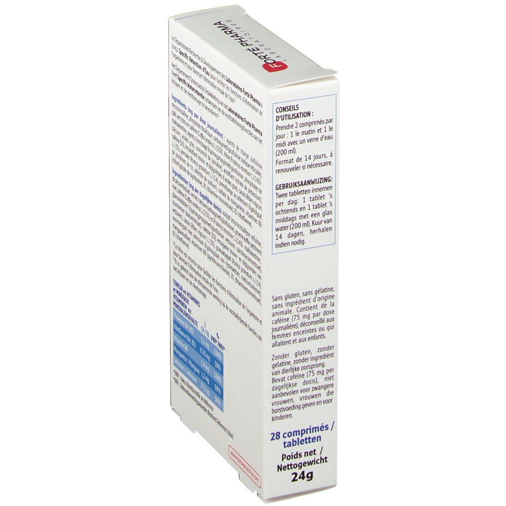 Vue latérale de la boîte du produit. Contient des informations sur l'utilisation et le tableau nutritionnel. Couleurs bleu et blanc.