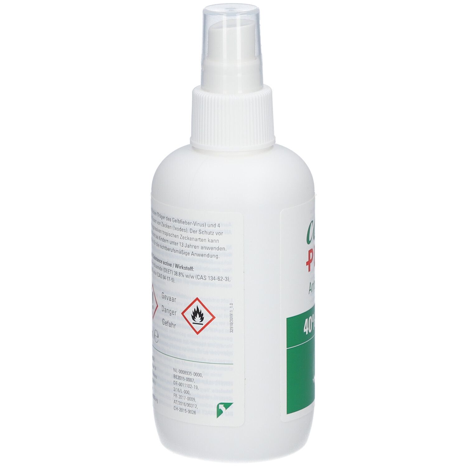 Weiße Sprühflasche mit Text auf der Rückseite. Warnhinweise und Gefahrensymbole. Care Plus Anti-Insect 40% DEET.