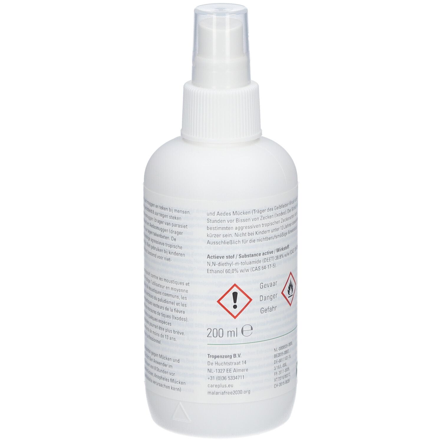 Weiße Sprühflasche mit Text und Gefahrensymbolen. Aufschrift: 200 ml. Care Plus Anti-Insect 40% DEET.