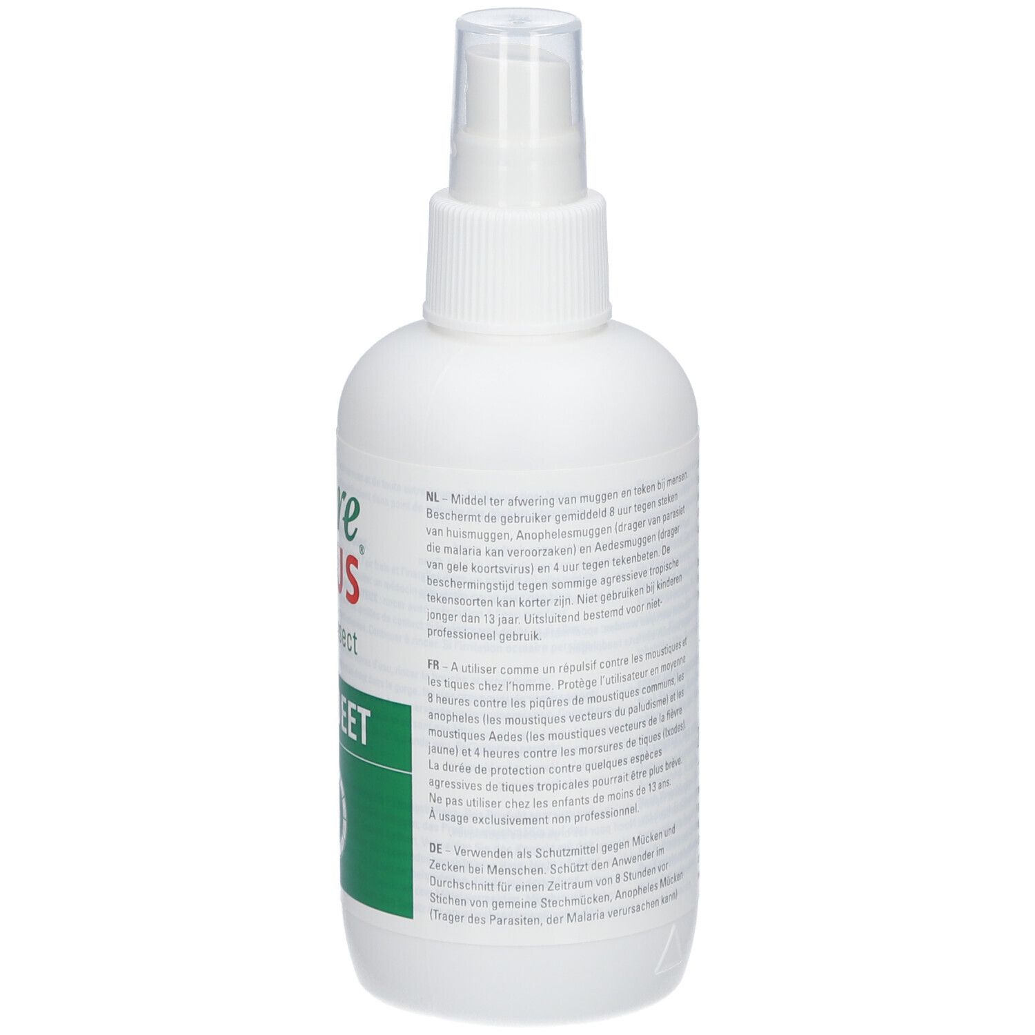 Weiße Sprühflasche mit Text auf der Rückseite. Care Plus Anti-Insect 40% DEET. Text in Deutsch, Französisch und Niederländisch.