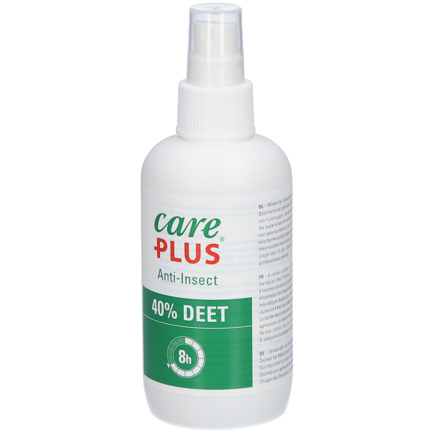 Weiße Sprühflasche mit grünem Etikett. Aufschrift: Care Plus Anti-Insect 40% DEET. 8h-Symbol.