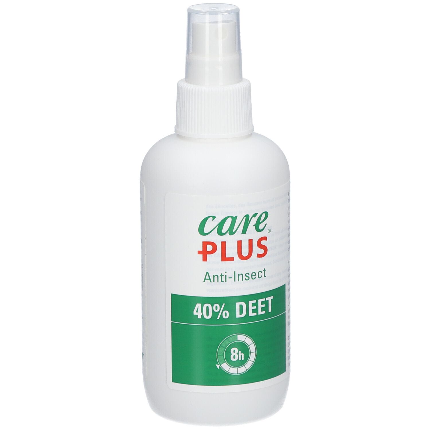 Weiße Sprühflasche mit grünem Etikett. Aufschrift: Care Plus Anti-Insect 40% DEET. 8h-Symbol.