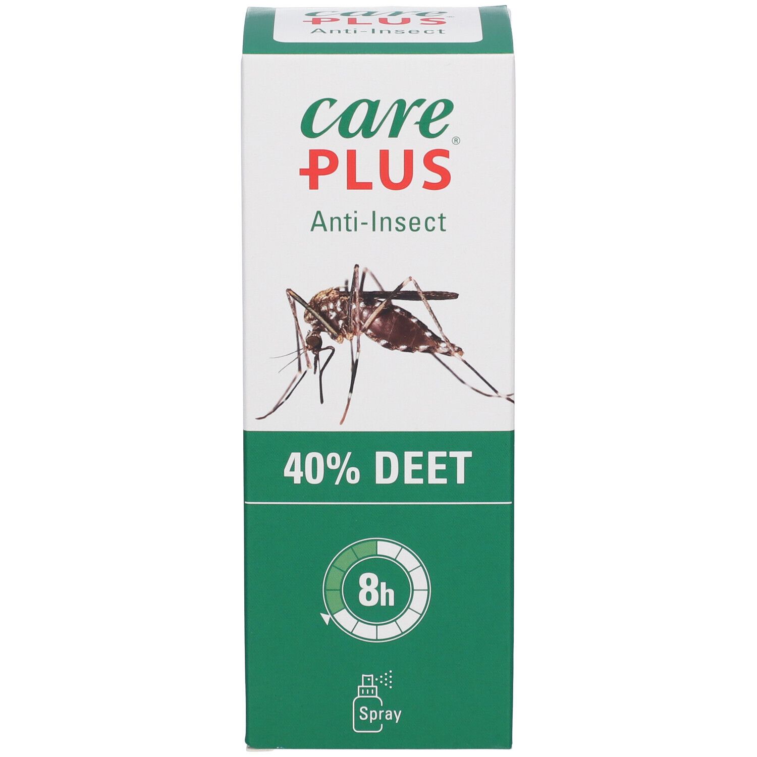 Produktverpackung. Aufschrift: Care Plus Anti-Insect 40% DEET. 8h-Symbol. Abbildung einer Mücke.