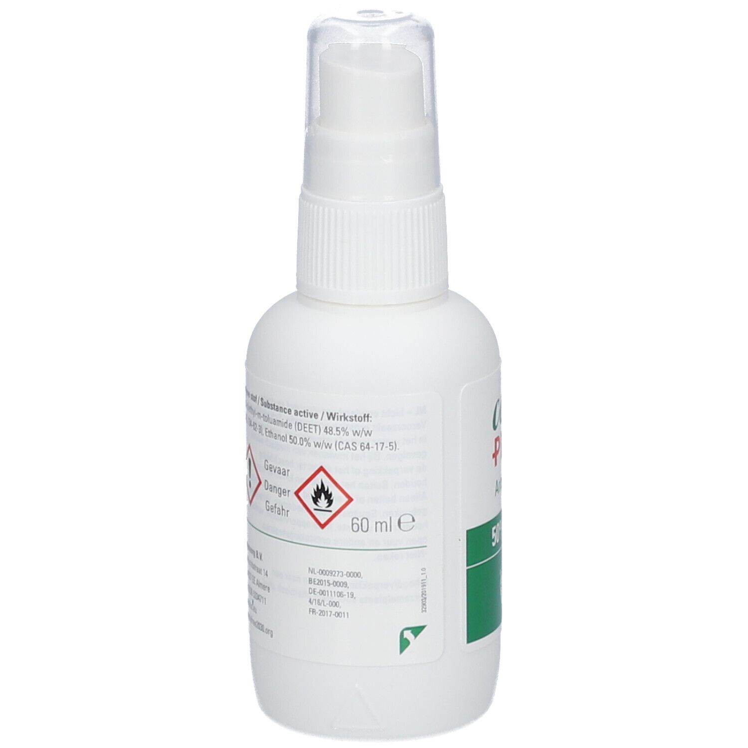 Weiße Sprühflasche mit grünem Etikett. Aufschrift: Care Plus Anti-Insect 50% DEET. 60 ml. Gefahrensymbole.