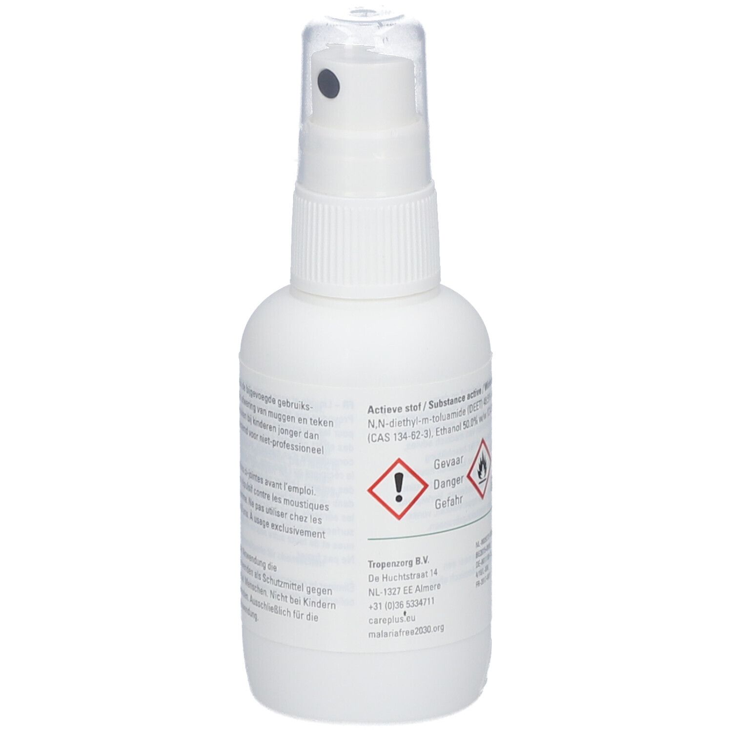 Weiße Sprühflasche mit grünem Etikett. Aufschrift: Care Plus Anti-Insect 50% DEET. Warnhinweise und Gefahrensymbole.
