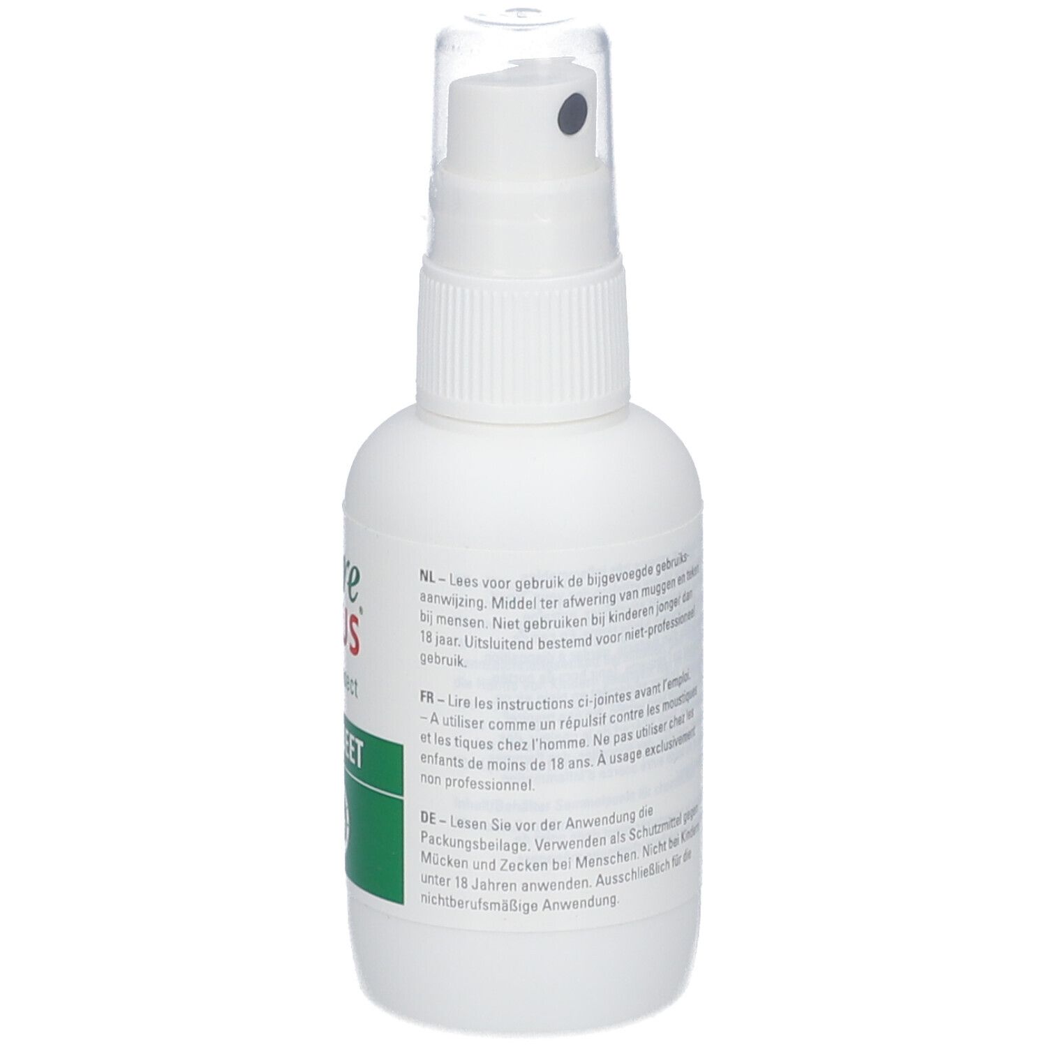 Weiße Sprühflasche mit grünem Etikett. Aufschrift: Care Plus Anti-Insect 50% DEET. Gebrauchsanweisung in mehreren Sprachen.