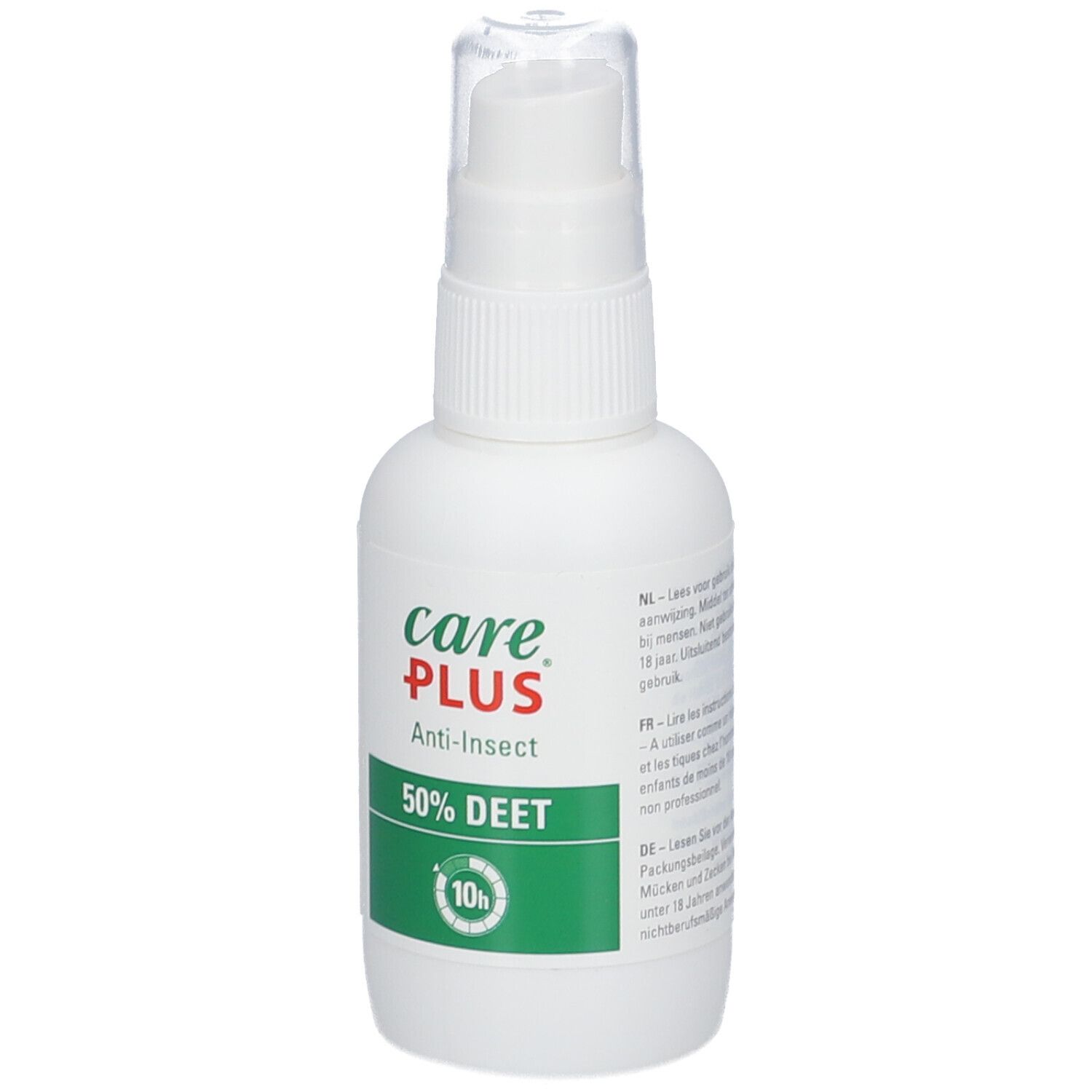 Weiße Sprühflasche mit grünem Etikett. Aufschrift: Care Plus Anti-Insect 50% DEET. 10h Schutz.