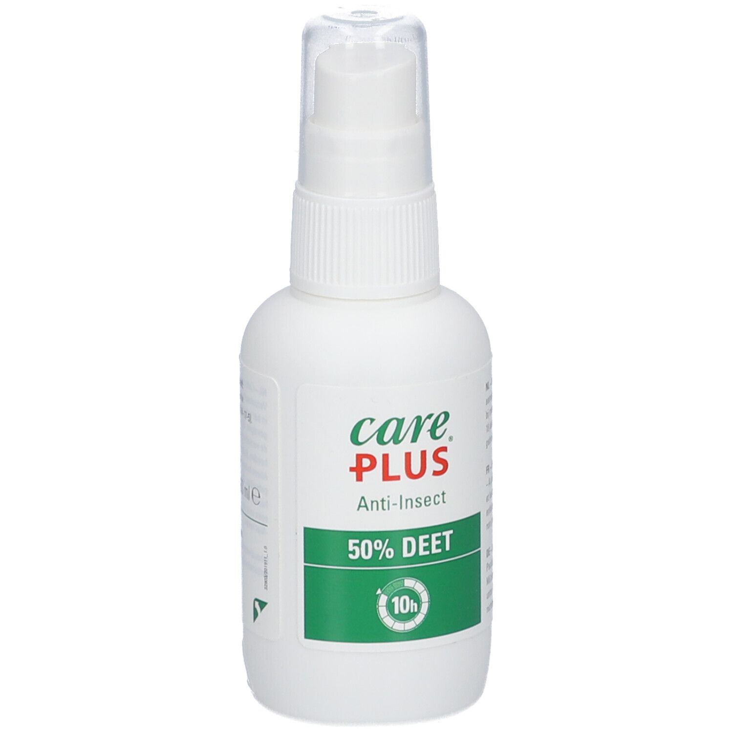 Weiße Sprühflasche mit grünem Etikett. Aufschrift: Care Plus Anti-Insect 50% DEET. 10h Schutz.