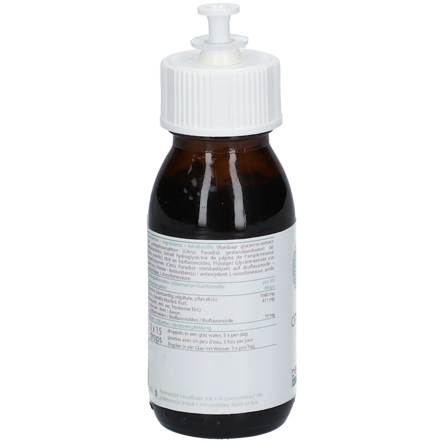 Flacon en verre brun avec bouchon blanc. Étiquette avec ingrédients et dosage. "CITRIX AP" et "decola NUTTRACEUTICS".