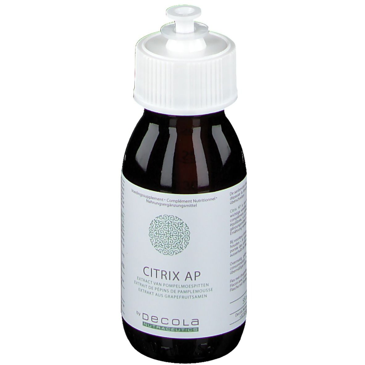 Flacon en verre brun avec bouchon blanc. Étiquette avec "CITRIX AP" et "decola NUTTRACEUTICS".