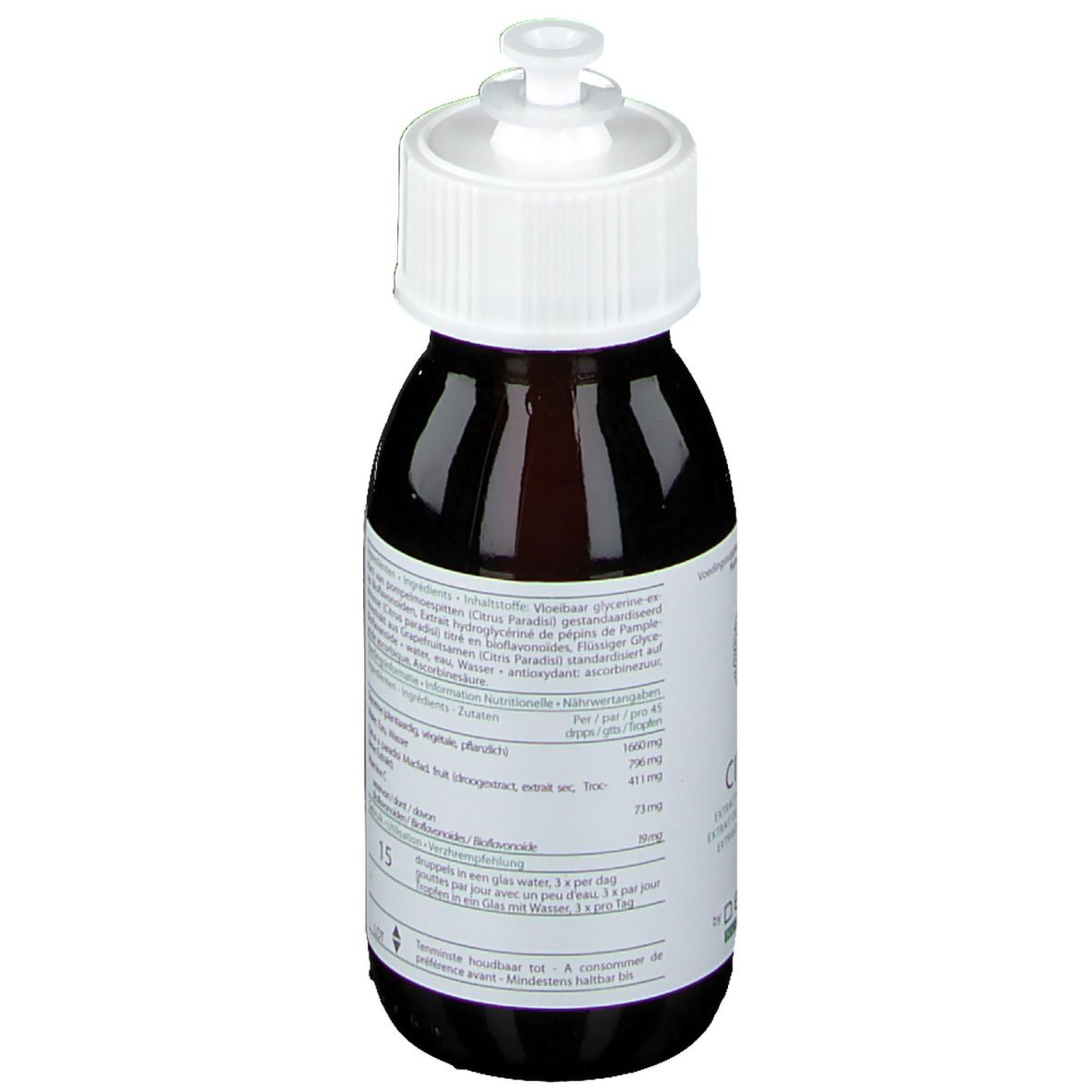 Flacon en verre brun avec bouchon blanc. Étiquette avec ingrédients et dosage. "CITRIX AP" et "decola NUTTRACEUTICS".