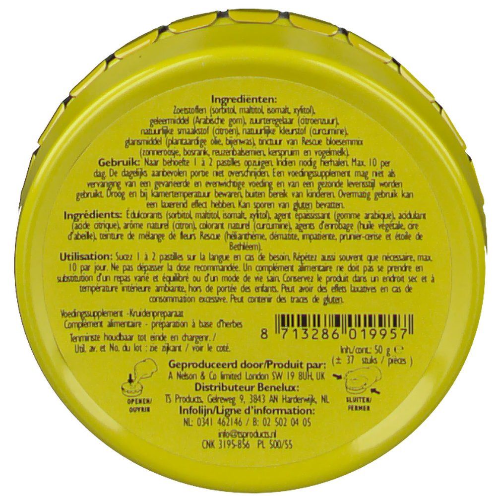 Gelbe Dose, Rückseite mit Zutatenliste und Herstellerinformationen. Text in mehreren Sprachen, darunter Deutsch und Niederländisch.