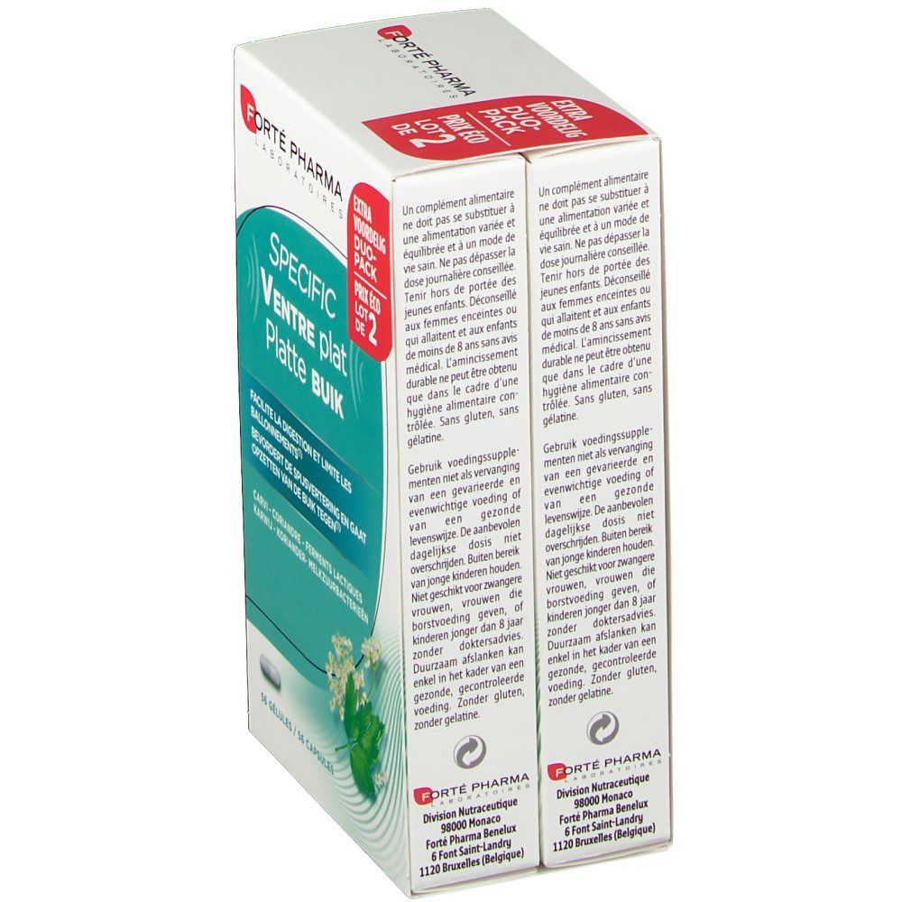 Boîte de produit avec logo et nom. Duo-pack, boîte blanche avec accents verts et rouges. Contient des gélules.