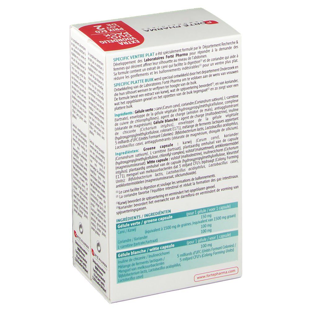 Dos de la boîte. Texte avec ingrédients et informations. Duo-pack, boîte blanche avec accents verts et rouges.