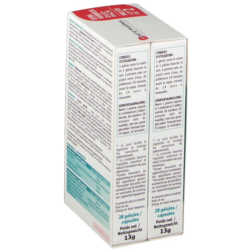 Boîte avec texte et informations. Duo-pack, boîte blanche avec accents verts et rouges. 28 gélules, 13g.