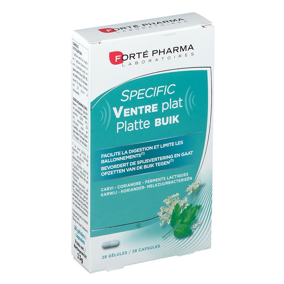 Weißer Karton mit Produktnamen und Logo. Enthält 28 Kapseln. Eine Kapsel liegt vor dem Karton.