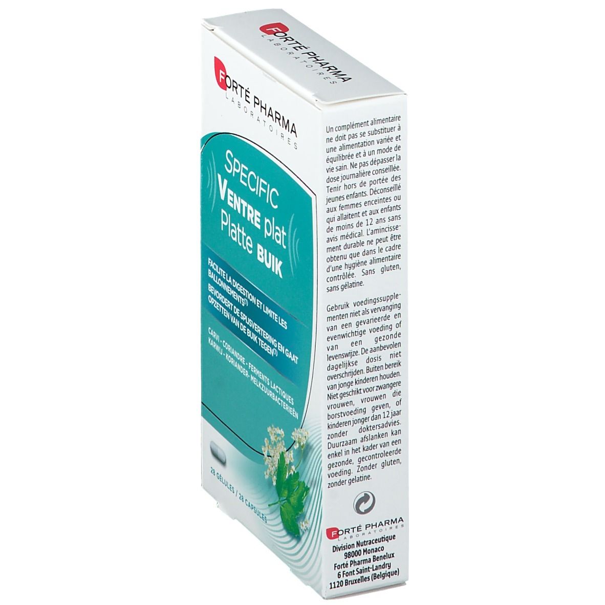 Weißer Karton, Seitenansicht. Produktname und Logo sichtbar. Text in mehreren Sprachen. 28 Kapseln.
