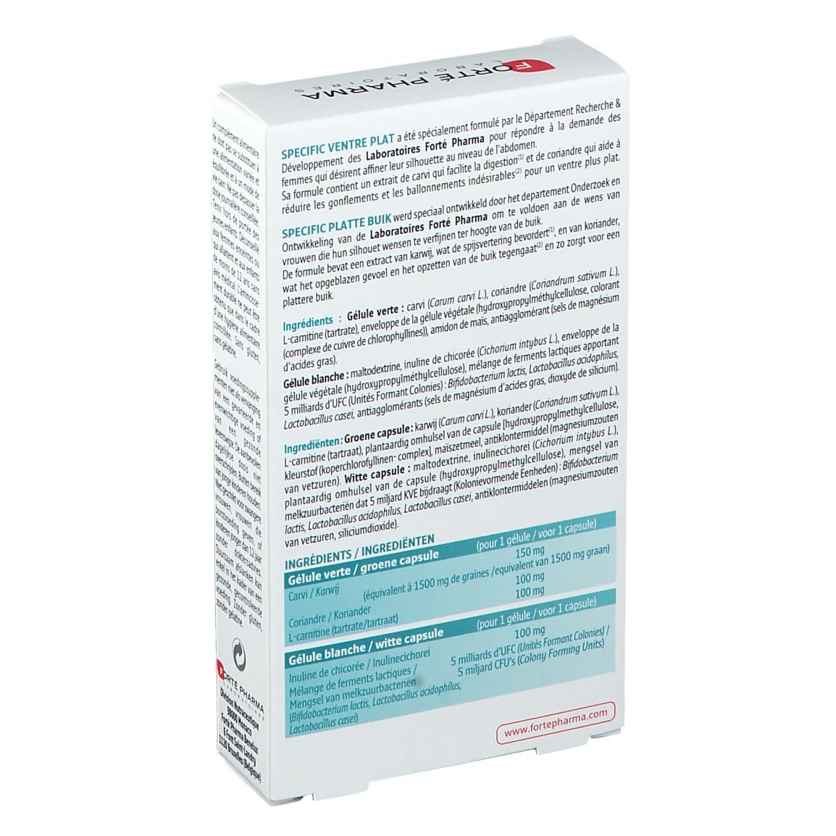 Rückseite des weißen Kartons. Produktinformationen und Inhaltsstoffe in mehreren Sprachen. Text.