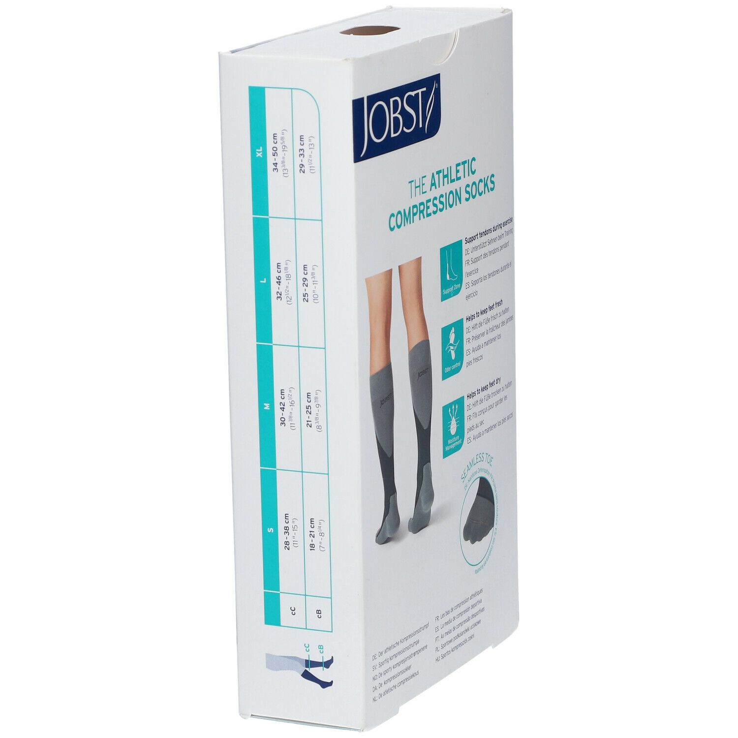Boîte avec indications de taille pour chaussettes de compression. Marque JOBST. Tailles: S, M, L, XL. Illustration des chaussettes sur une jambe.