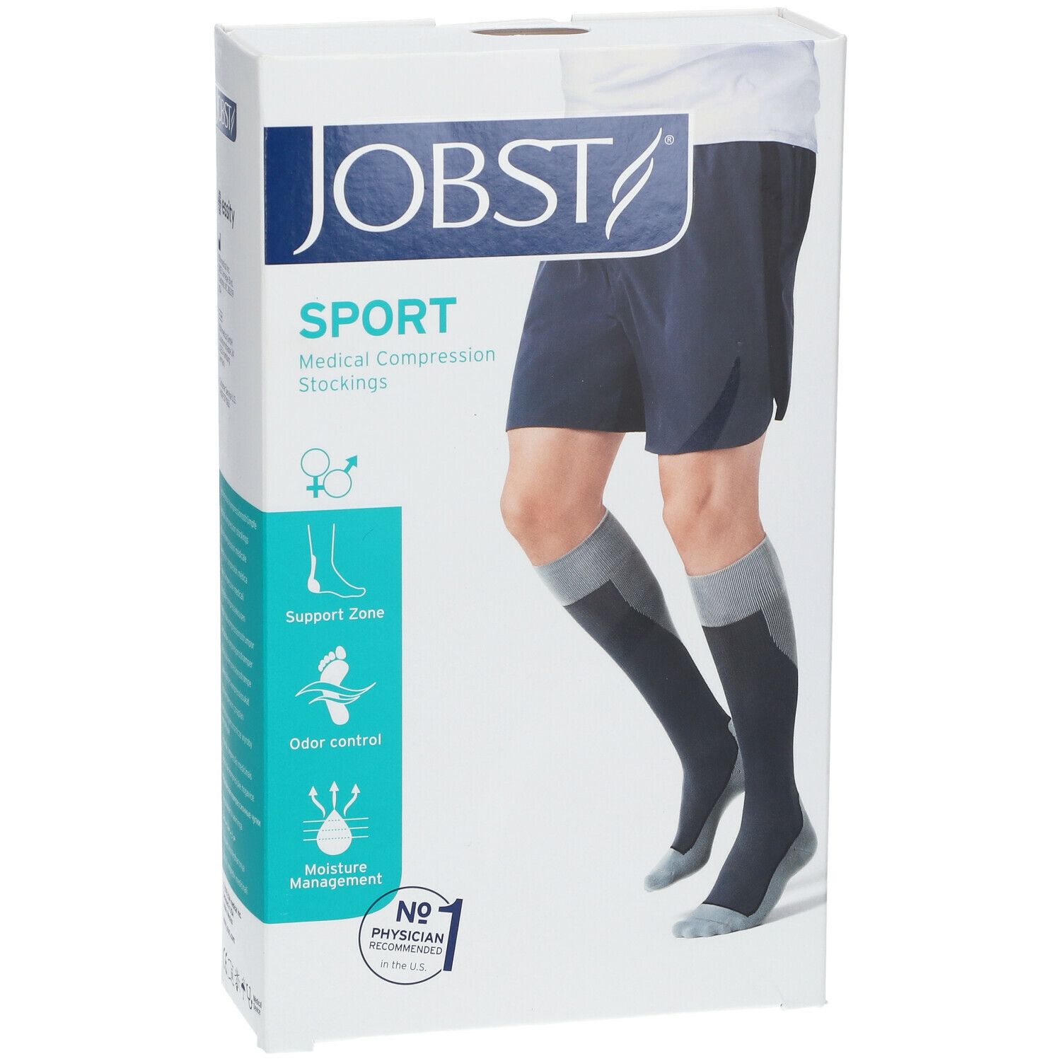 Boîte de bas de compression JOBST SPORT. Bas de compression médicale. Caractéristiques: Support Zone, contrôle des odeurs, gestion de l'humidité.