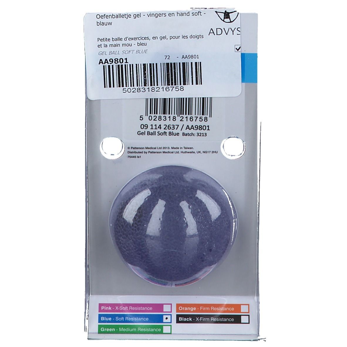 Blauwe gelbal in verpakking. Tekst: Gel Ball Soft Blue. Kleurcodegrafiek voor weerstand.