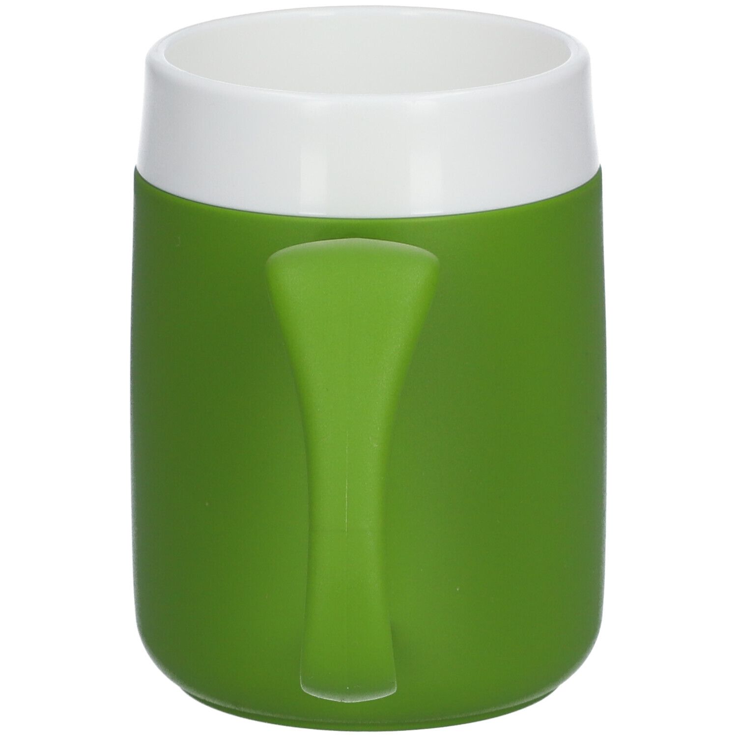 Becher, weiß-grün. Zylindrische Form, weißer Rand, grüner Körper. Mit grünem Griff.
