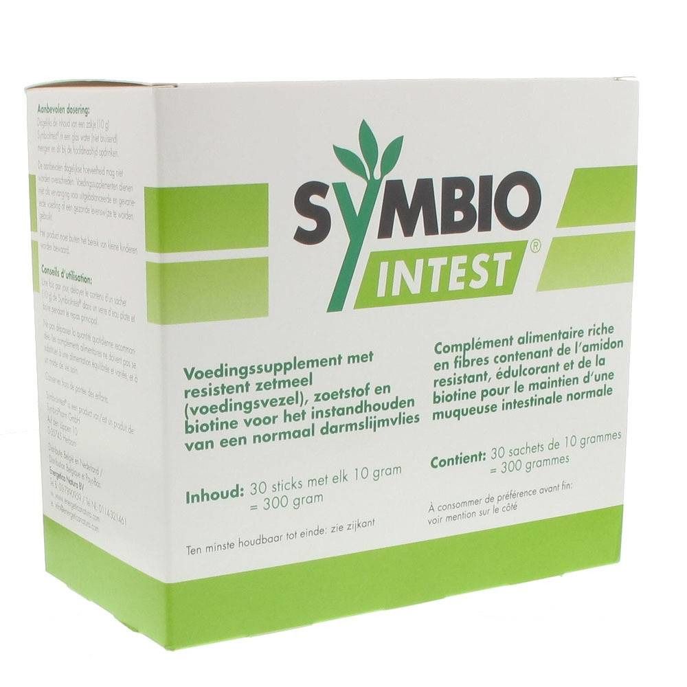 Boîte Symbio Intest. Contient 30 sachets. Texte en allemand, français et néerlandais. Ingrédients et informations.