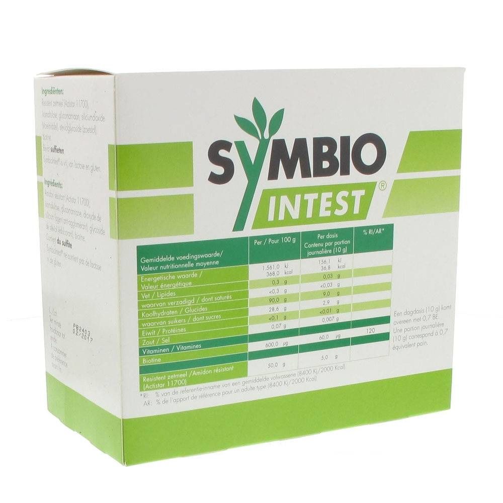 Boîte Symbio Intest. Tableau des valeurs nutritionnelles pour 10g et 100g. Texte en allemand, français et néerlandais.
