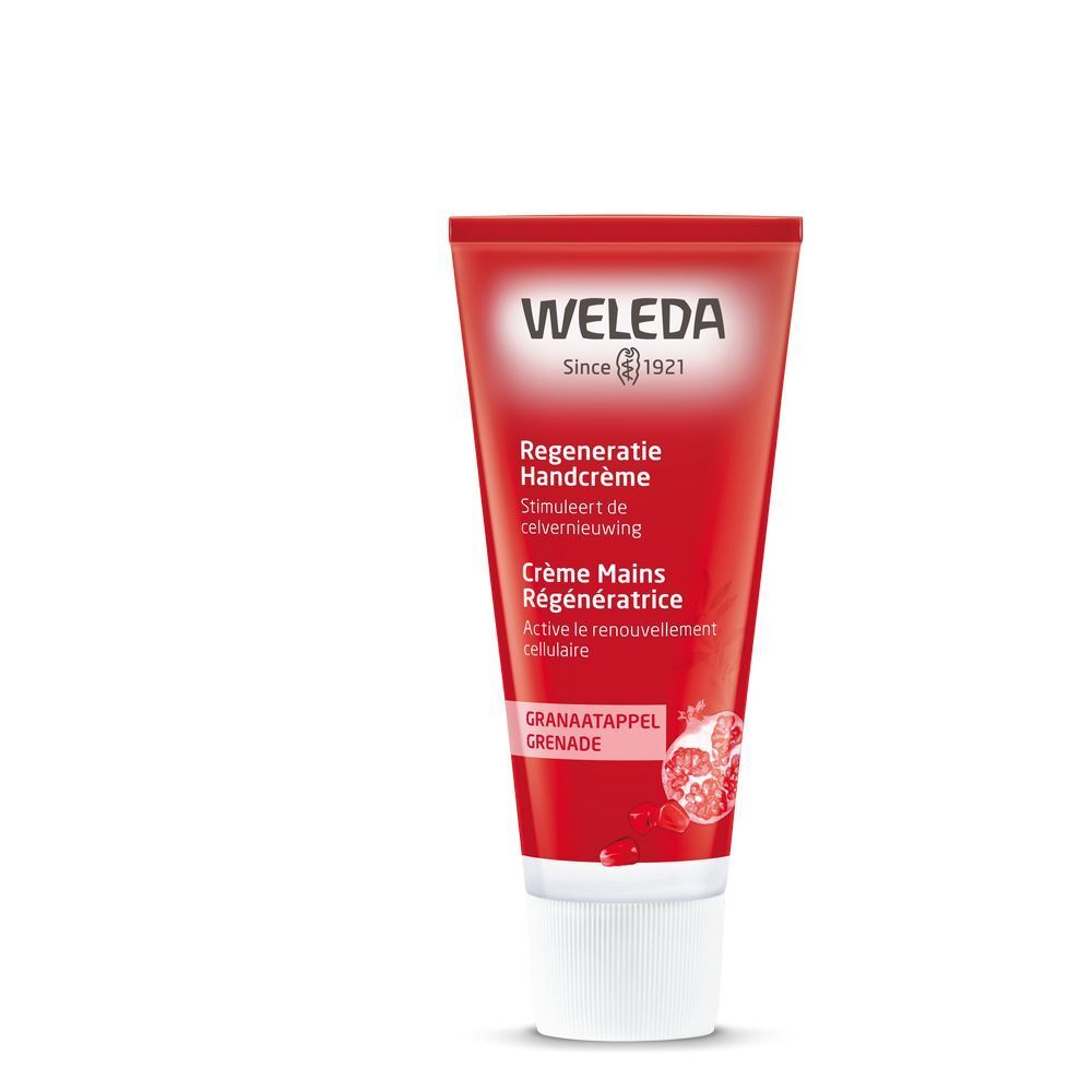 Tube rouge avec bouchon blanc. Inscriptions: WELEDA, Crème Mains, Grenade. Texte en néerlandais et français.