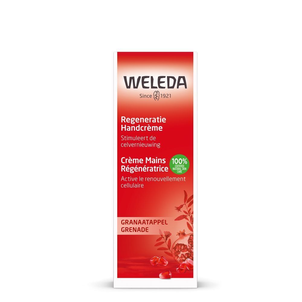 Emballage de crème pour les mains. Inscriptions: WELEDA, Crème Mains, Grenade. Texte en néerlandais et français. 100% ingrédients naturels.