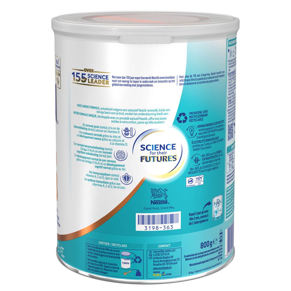 Dos de la boîte Nestlé NAN Optipro 3. Informations sur les ingrédients et le recyclage.