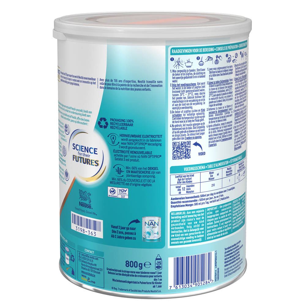 Dos de la boîte Nestlé NAN Optipro 3. Informations de préparation et valeur nutritionnelle.