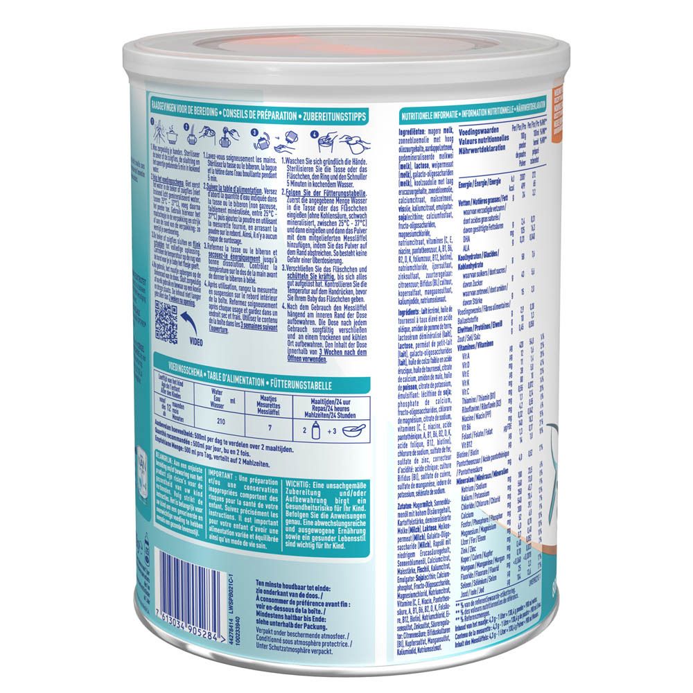 Dos de la boîte Nestlé NAN Optipro 3. Instructions de préparation et tableau nutritionnel.