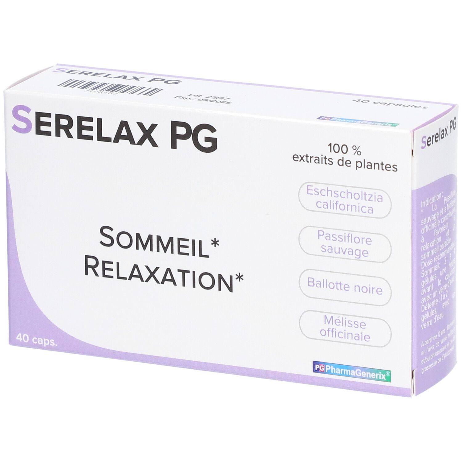 Boîte de Serelax PG. Inscription: Sommeil Relaxation. Contient 40 capsules. Ingrédients: extraits de plantes.