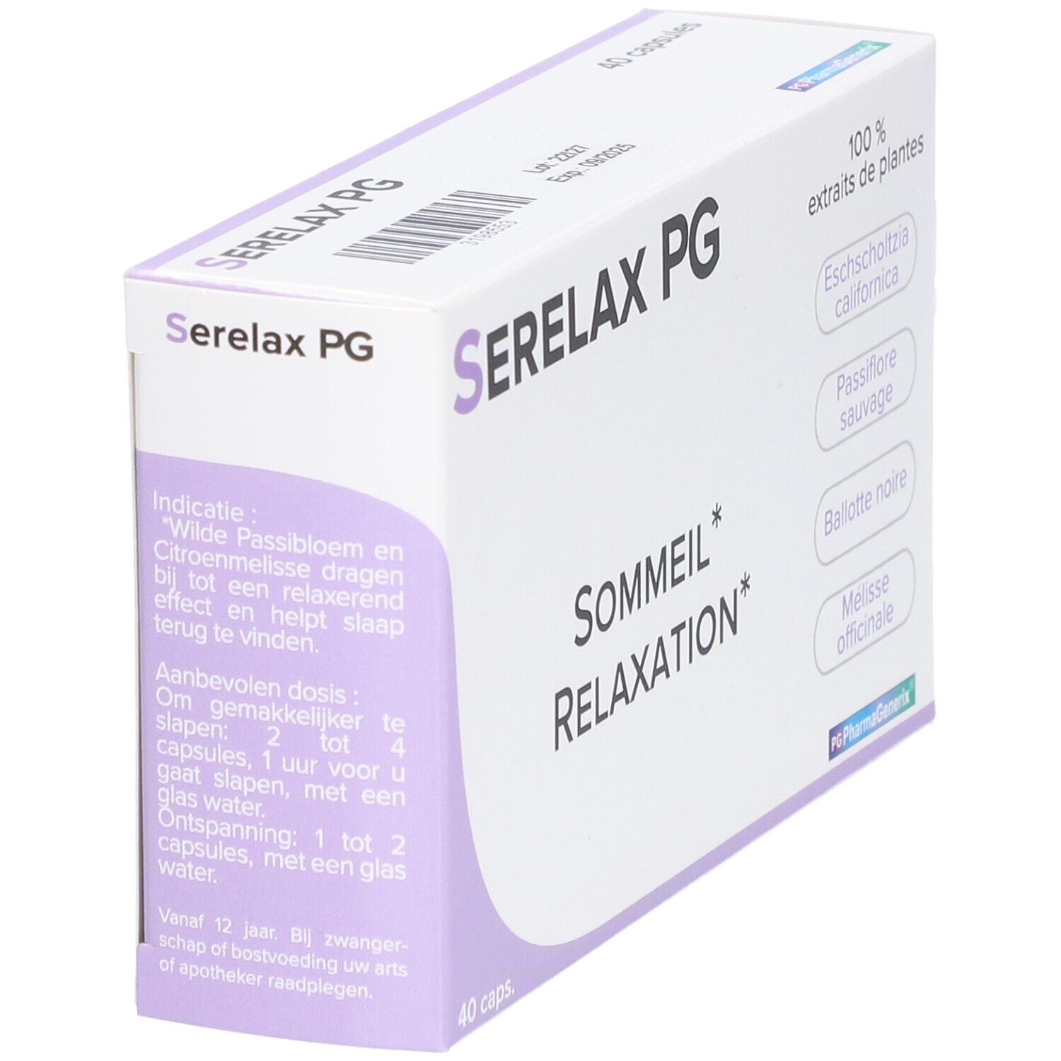 Boîte Serelax PG, avec code-barres et texte. Inscription: Sommeil Relaxation. Contient 40 capsules. Ingrédients: extraits de plantes.