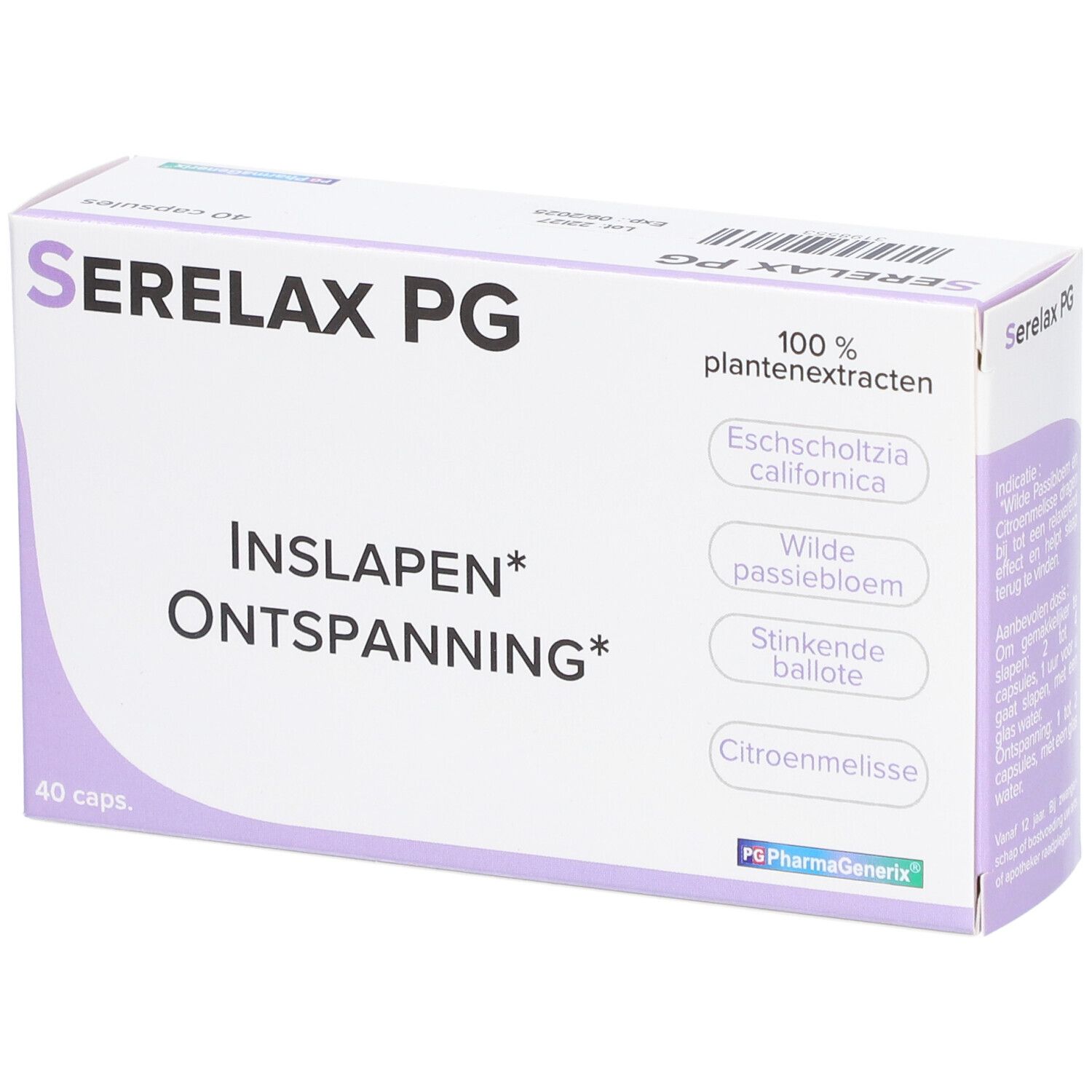 Boîte Serelax PG. Inscription: Inslafen Ontspanning. Contient 40 capsules. Ingrédients: extraits de plantes.