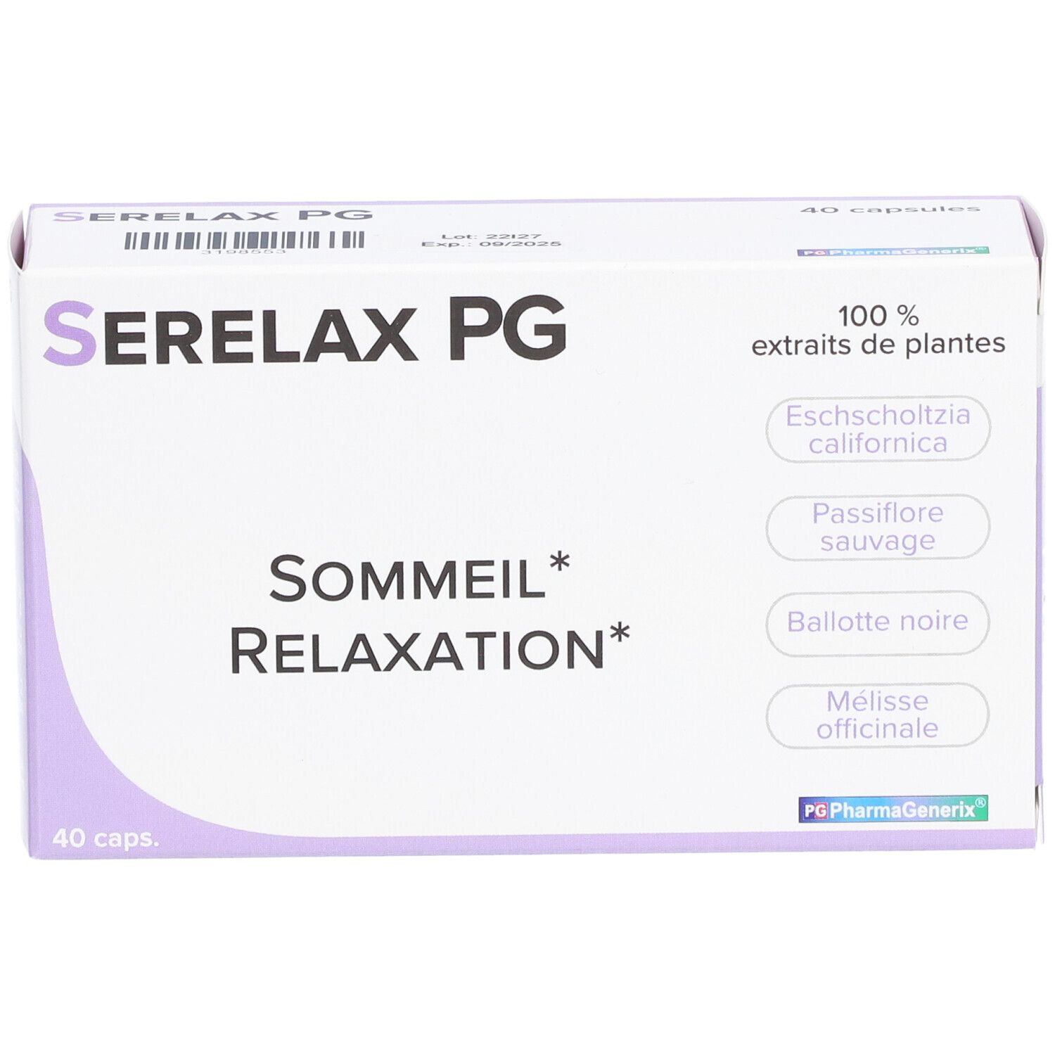 Boîte Serelax PG. Inscription: Sommeil Relaxation. Contient 40 capsules. Ingrédients: extraits de plantes.