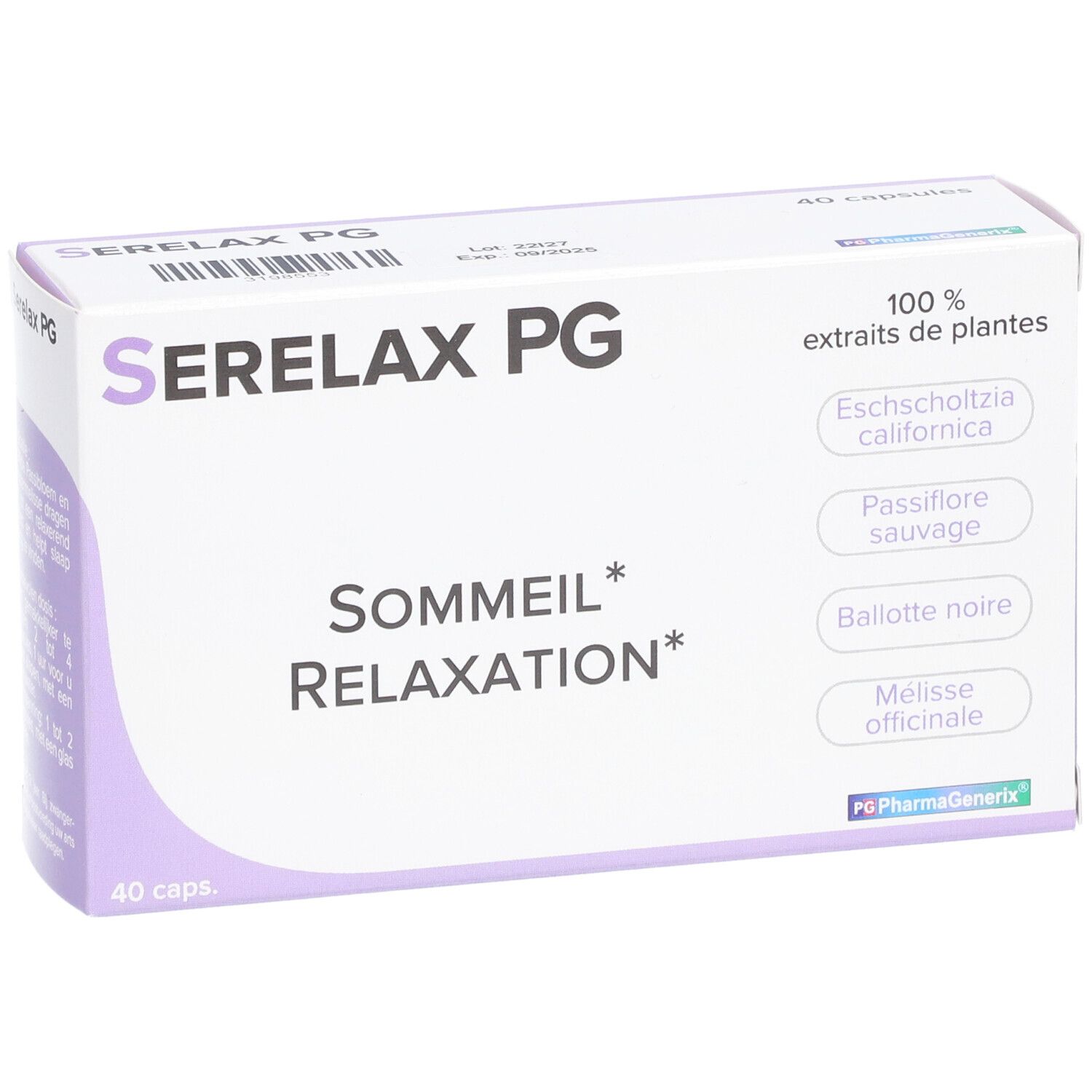 Boîte Serelax PG. Inscription: Sommeil Relaxation. Contient 40 capsules. Ingrédients: extraits de plantes.
