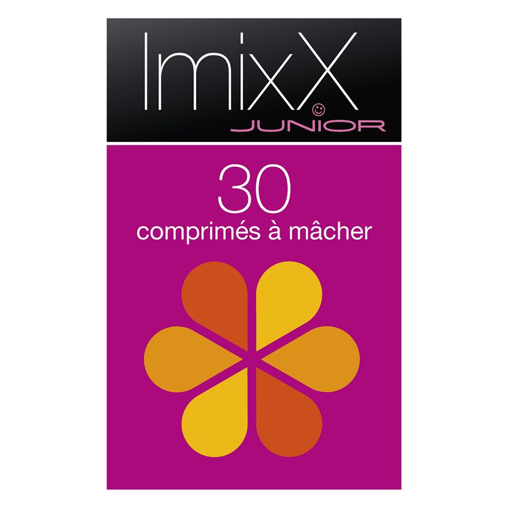 Boîte Imixx Junior, 30 comprimés à mâcher. Rose, noir, motif floral orange.